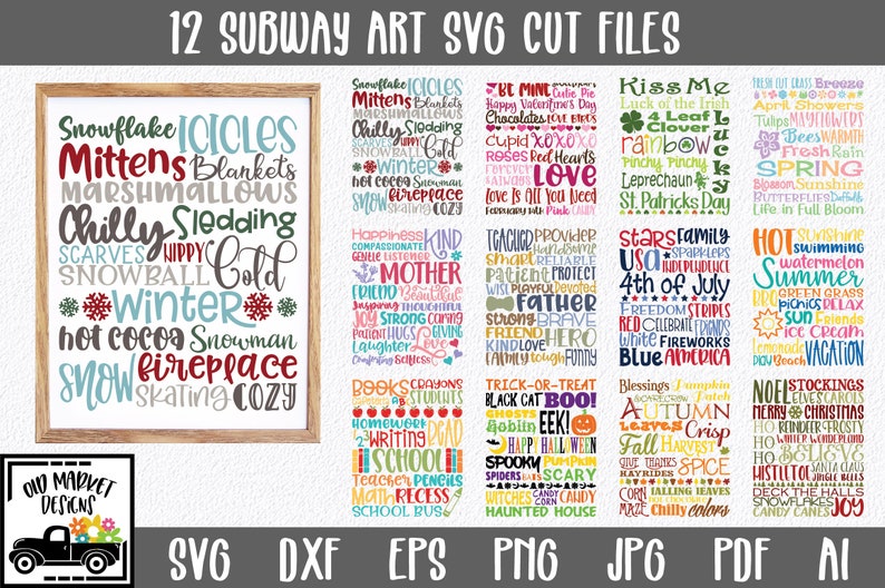 May include: Twelve colorful digital cut files for crafting. Each file features a different theme, including winter, holidays, and seasons. The files are labeled with the text "SVG, DXF, EPS, PNG, JPG, PDF, AI".