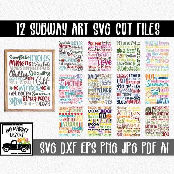 Holiday Subway Art SVG Bundle - 12 Holiday SVG Images - Holiday Signs - Printable Art Print - Cutting Files - SVG - Eps -Png -Dxf -Jpg