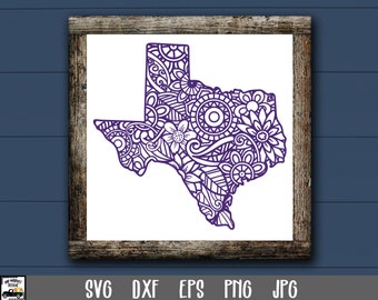 May include: A purple outline of the state of Texas filled with a detailed intricate pattern of flowers, swirls, and circles.