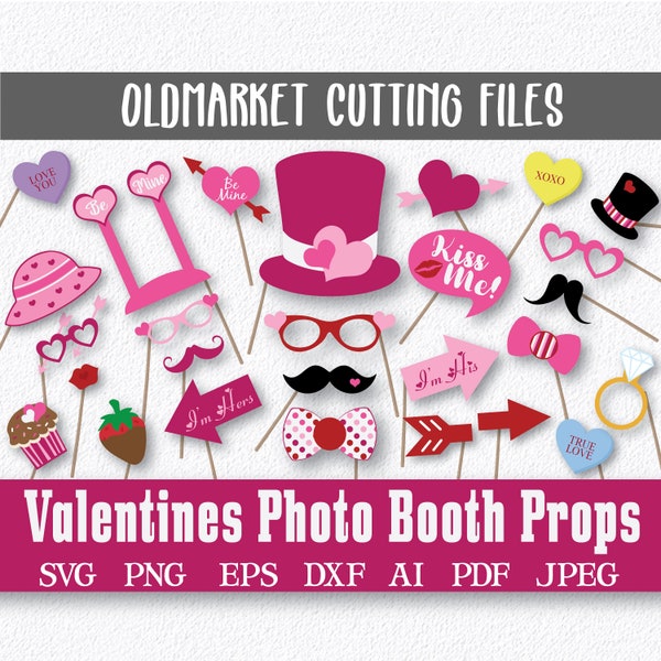 Valentines Day Photo Booth Props and Decorations - SVG Cut File - DxF - PnG - JPeG - PdF - EpS - AI - Over 55 Images - INSTaNT DOWNLoAD