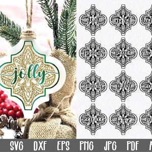 May include: A set of 12 black and white Christmas ornament SVG cut files featuring a mandala design with various Christmas words like "joy", "noel", "believe", "friends", "peace", "christmas", "family", "jolly", "merry", "rejoice", "love", and "faith".