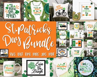May include: A digital download bundle of St. Patrick's Day themed SVG, DXF, EPS, PNG, JPG, and PDF files. The bundle includes designs with shamrocks, rainbows, leprechauns, and Irish sayings like "Kiss Me I'm Irish" and "Erin Go Bragh".