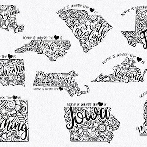 May include: A set of 10 black and white state outline illustrations with intricate mandala designs. Each state includes the state name and the phrase "Home is where the heart is".