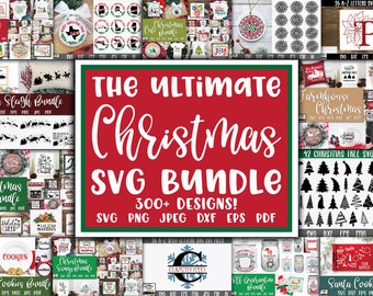 Può includere: Un collage di file di progettazione digitale per Natale, che include una varietà di file di taglio SVG, tra cui slitte di Babbo Natale, cartelli di Natale, alberi di Natale e altro ancora. Il testo "The Ultimate Christmas SVG Bundle" è visualizzato in lettere bianche su uno sfondo rosso. Il testo "300+ Designs!" è visualizzato in lettere bianche su uno sfondo verde. Il testo "SVG PNG JPEG DXF EPS PDF" è visualizzato in lettere bianche su uno sfondo verde.