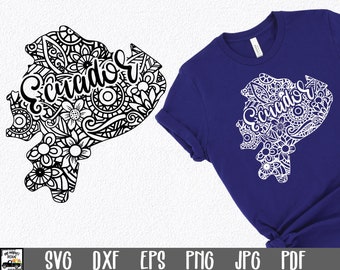 May include: A white graphic of the country Ecuador, filled with floral and geometric patterns, and the country's name in script. The design is displayed on a navy blue t-shirt and as a standalone black and white image.