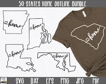 Könnte beinhalten: Ein Satz von 50 US-Bundesstaaten-Outline-SVG-Schnittdateien mit dem Wort "home" und einem Herzen in jedem Bundesstaat. Das Wort "home" ist in einer kursiven Schrift geschrieben. Die Bundesstaaten sind in Schwarz auf weißem Hintergrund dargestellt. Der Text "SVG DXF EPS PNG JPG PDF" befindet sich am unteren Rand des Bildes.