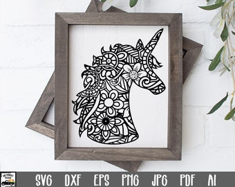 May include: Black and white line art design of a unicorn head with intricate floral and geometric patterns.