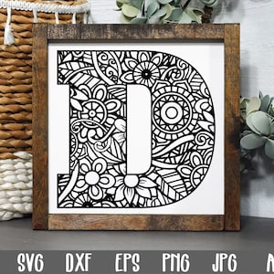 Archivo SVG de la letra D - Archivo SVG de corte de la letra D del monograma de mandala - Imágenes prediseñadas - Impresión de arte imprimible - Archivos de corte - Archivo de corte de la letra D de Zentangle