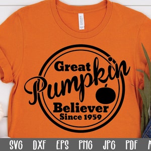 May include: Orange t-shirt with a black circle graphic that says "Great Pumpkin Believer Since 1959".