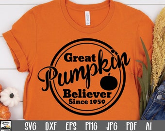 May include: Orange t-shirt with a black circle graphic that says "Great Pumpkin Believer Since 1959".