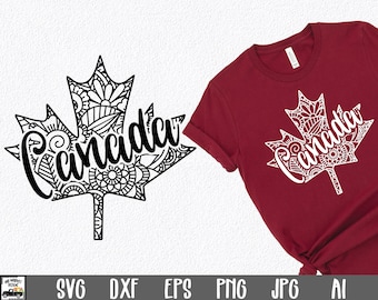 Puede incluir: Diseño digital en blanco y negro de una hoja de arce con la palabra "Canadá" en su interior. El diseño es perfecto para proyectos de manualidades, como camisetas, tazas y pegatinas.