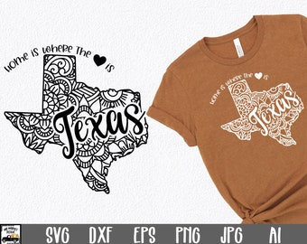 Puede incluir: Diseño en blanco y negro del estado de Texas con un patrón de mandala y el texto "Home is where the heart is" y "Texas".