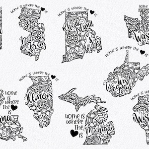 May include: Black and white line art illustrations of different US states with a mandala design. Each state has the state name and the text "Home is where the heart is" with a heart symbol.