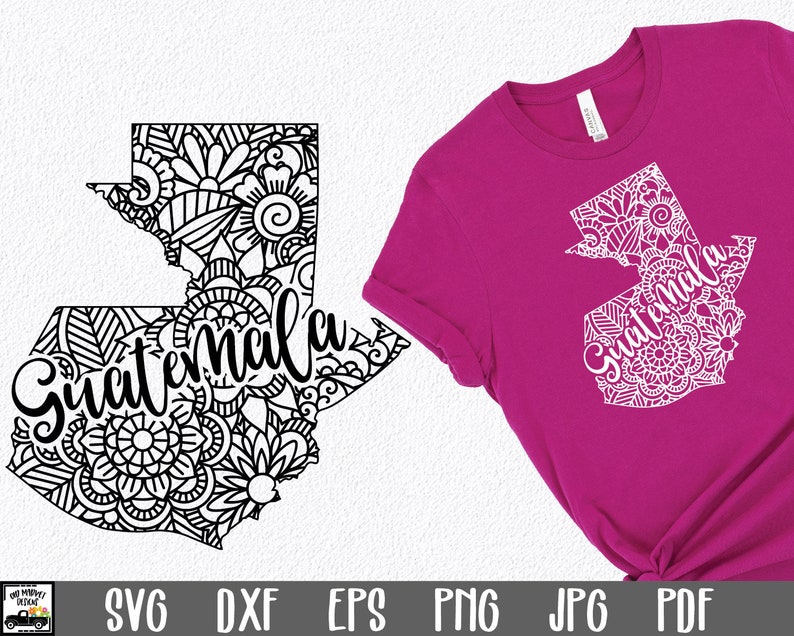 May include: A black and white outline of the country of Guatemala with the word "Guatemala" written in a stylized font inside the outline. The outline is filled with intricate floral patterns. The image is suitable for use as a digital download for crafting projects.