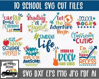 Puede incluir: Diez archivos de corte SVG coloridos con temática escolar. Los diseños incluyen frases como "Me gustan los libros grandes y no puedo mentir", "Leer es mágico", "Dejemos que la aventura comience", "La escuela es genial", "Monada de clase", "Comer dormir escuela repetir", "Este año va a ser increíble", "#Vida de estudiante", "Listos para rockear esta clase", y "Solo estoy aquí para el recreo".