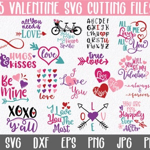 May include: A set of 25 Valentine's Day SVG cutting files featuring various designs, including hearts, arrows, and text phrases like "Hugs & Kisses", "True Love", and "You & Me".