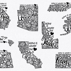 May include: A set of 10 black and white state outline illustrations with intricate doodle designs. Each state has the state name written inside the outline and the phrase "Home is where the heart is" written above or below the state. The states included are Georgia, Arizona, Tennessee, Alaska, Hawaii, Idaho, California, North Dakota, and Kansas.