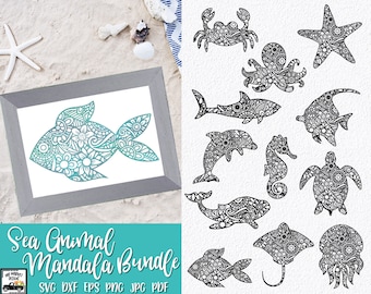 May include: A digital download bundle of 10 black and white sea animal mandala designs. The designs include a fish, crab, starfish, octopus, shark, dolphin, seahorse, turtle, stingray, and jellyfish. The designs are perfect for crafting, scrapbooking, and other creative projects.