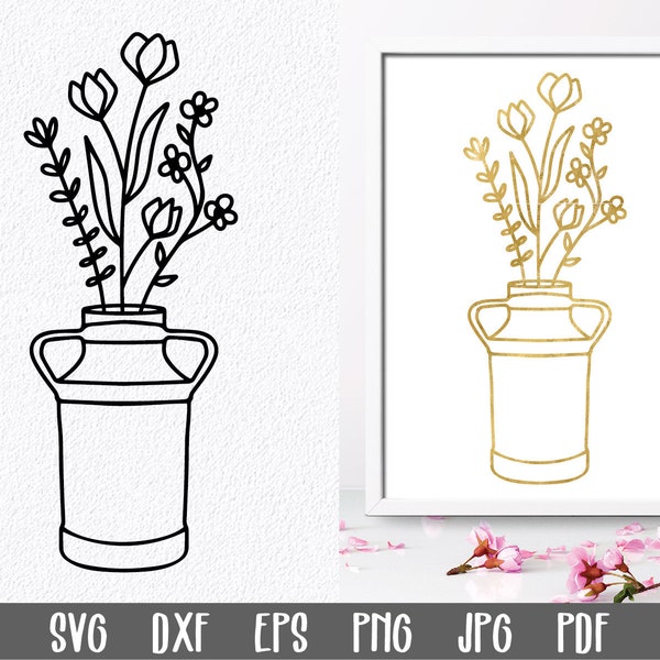 Milk Can with Wildflowers SVG File - Floral SVG Cut File - Flower Milk Can - Milk Can with Flowers Svg Cut file