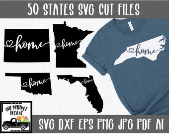 Puede incluir: Una descarga digital de 50 archivos de corte SVG de contorno de estados con la palabra "home" y un corazón dentro de cada estado. Los estados que se muestran son Carolina del Norte, Minnesota, Oklahoma y Florida. El texto "50 STATES SVG CUT FILES" está en la parte superior de la imagen. El texto "SVG DXF EPS PNG JPG PDF AI" está en la parte inferior de la imagen.
