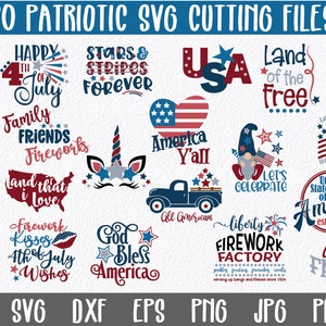 May include: A set of 20 patriotic SVG cutting files featuring various designs with red, white, and blue colors. The designs include text such as "Happy 4th of July", "Stars & Stripes Forever", "Land of the Free", and "God Bless America".