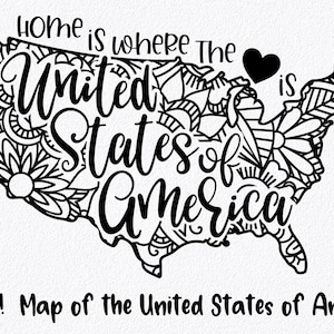 May include: Black and white line art illustration of the United States of America with a heart over the state of Texas. The text "Home is where the United States of America is" is written over the map.