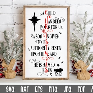 Archivo de corte SVG de letrero navideño - Isaías 9:6 Escritura - Porque nos ha nacido un niño - Archivo SVG de Navidad - Impresión artística - Sublimación navideña