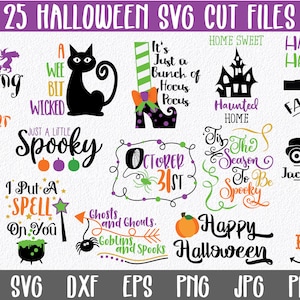 May include: A set of 25 Halloween SVG cut files featuring various designs, including a witch's hat, a cat, a pumpkin, a haunted house, and a truck. The designs are in black, green, orange, and purple.