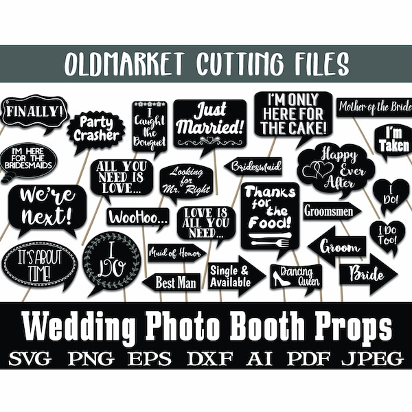 Wedding Photo Booth Props and Decorations - SVG Cut File - DxF - PnG - JPeG - PdF - EpS - AI - Over 40 Images - Digital INSTaNT DOWNLoAD