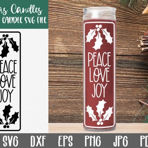 Vela Peace Love Joy SVG - Archivo de vela de Dollar Tree - Diseño de vela navideña - Vela navideña - Velas navideñas de vidrio con forma de pilar