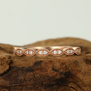Vintage wedding band women Rose gold Diamond/Moissanite ring Dainty Unique Half eternity Stacking matching Milgrain Bridal set Promise gift