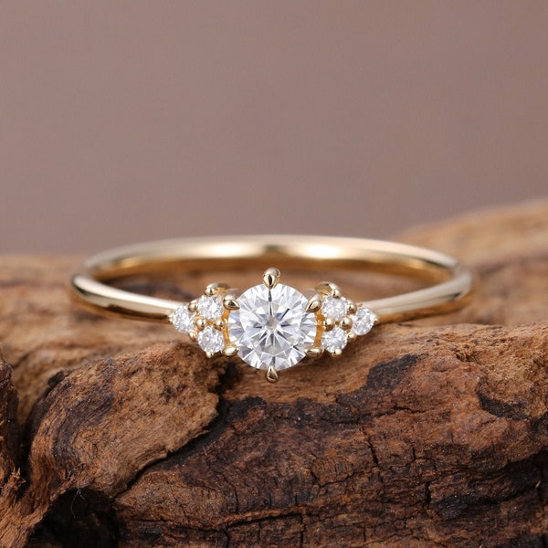 Moissanite engagement ring vintage Solid 14K Yellow gold Diamond cluster ring Unique wedding ring for women Bridal Stacking Anniversary gift