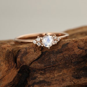 Moonstone engagement ring vintage rose gold engagement ring Diamond cluster ring Unique Simple dainty wedding ring Bridal Anniversary ring