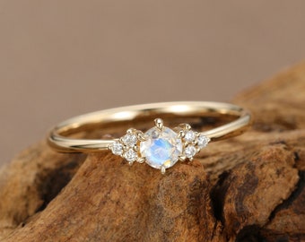 Moonstone engagement ring 14K Yellow gold Diamond cluster ring Unique Simple Thin dainty wedding Bridal Promise Anniversary gift for her