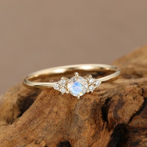 Moonstone engagement ring 14K Yellow gold Diamond cluster ring Unique Simple Thin dainty wedding Bridal Promise Anniversary gift for her