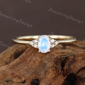 Oval moonstone engagement ring Dainty yellow gold diamond cluster engagement ring vintage Unique wedding Bridal Anniversary gift for women