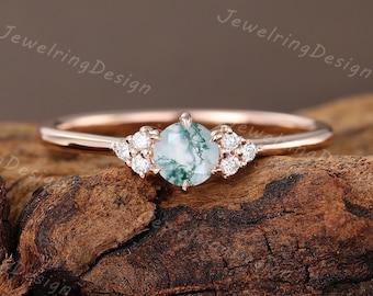 Moss agate engagement ring vintage rose gold engagement ring Diamond cluster ring Unique Simple dainty wedding ring Bridal Anniversary gift