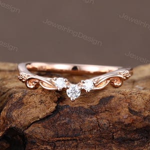 Rose gold Moissanite wedding band Unique Diamond Curved wedding band Art deco Matching Stacking band Vintage Promise band gift for women