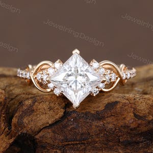 Princess Cut Moissanite engagement ring rose gold art deco Unique vintage Moissanite Bridal wedding Diamond ring Promise Anniversary ring