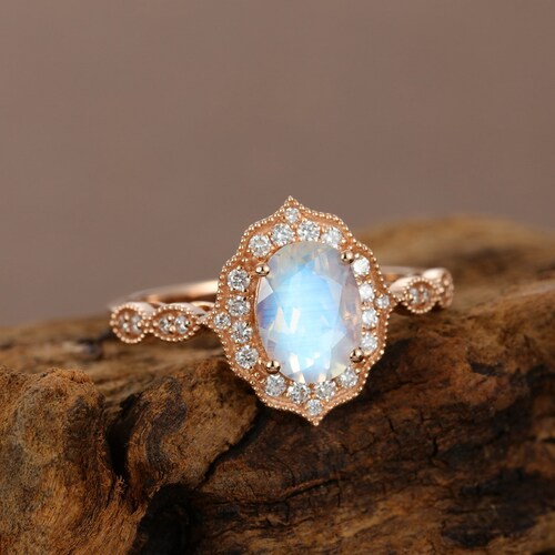 Oval cut Moonstone engagement ring for women Art deco vintage engagement ring rose gold Unique diamond moissanite wedding Bridal set Promise