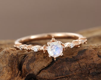 Mondstein-Verlobungsring, Vintage-Diamant-Cluster, Roségold-Verlobungsring für Frauen, einzigartiges antikes Hochzeitsgeschenk, Brautversprechen, Jahrestag