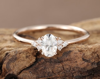 Oval cut Moissanite engagement ring rose gold Diamond cluster ring vintage Unique wedding ring for women Bridal Promise Anniversary gift