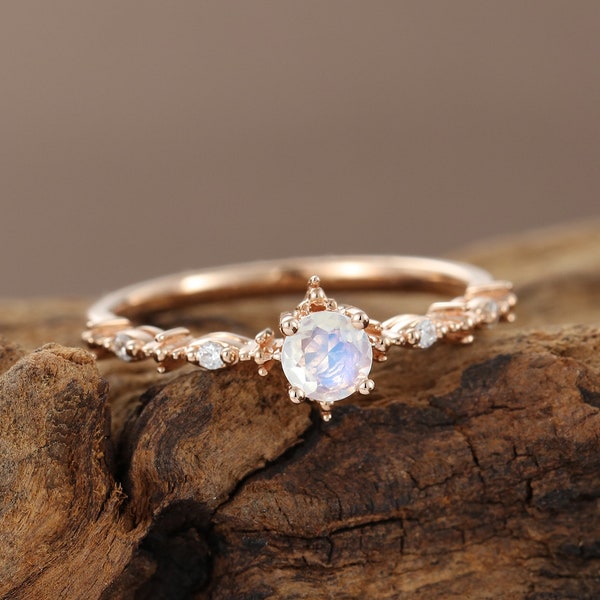 Moonstone engagement ring vintage Diamond cluster rose gold engagement ring for women Unique antique wedding Bridal Promise Anniversary gift