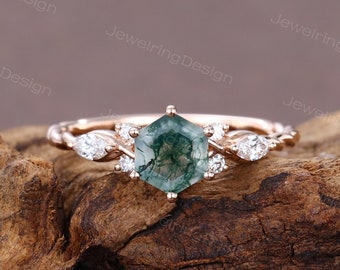 Hexagon Moss Agate engagement ring rose gold Marquise Moissanite engagement ring art deco 3/4 eternity twisted ring Promise Anniversary ring