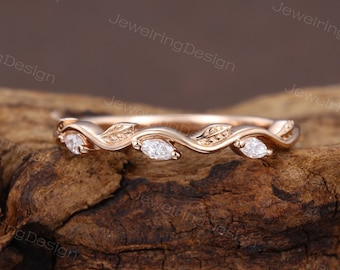 Marquise cut Moissanite wedding band Unique 14k Rose gold wedding band Leaf ring Promise ring Bridal Stacking band Anniversary ring