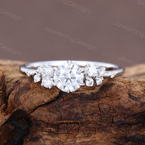 Moissanite engagement ring white gold Unique cluster engagement ring vintage wedding ring women Bridal diamond ring Promise Anniversary ring