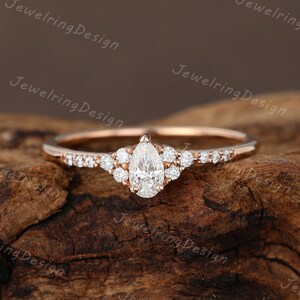 Pear cut Moissanite engagement ring rose gold Cluster woman vintage Moissanite ring Diamond wedding bridal Promise Anniversary gift for her