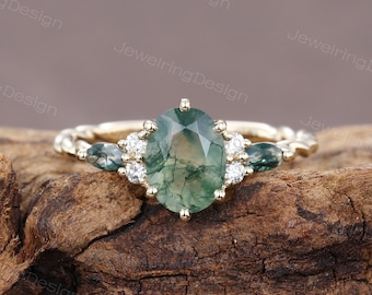 Oval cut Moss agate engagement ring 14K Yellow gold Moissanite ring Marquise cut 3/4 eternity twisted Bridal diamond ring Anniversary ring
