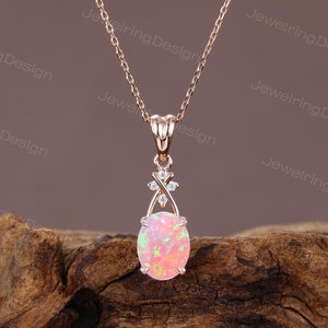 Oval cut Pink Opal Pendant necklace Dainty 14k rose gold Moissanite necklace Delicate Cluster Diamond necklace Anniversary pendant