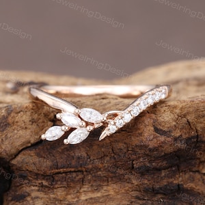 Marquise cut Curved wedding band vintage rose gold Moissanite wedding band women Bridal Diamond Stacking ring Matching band Promise ring